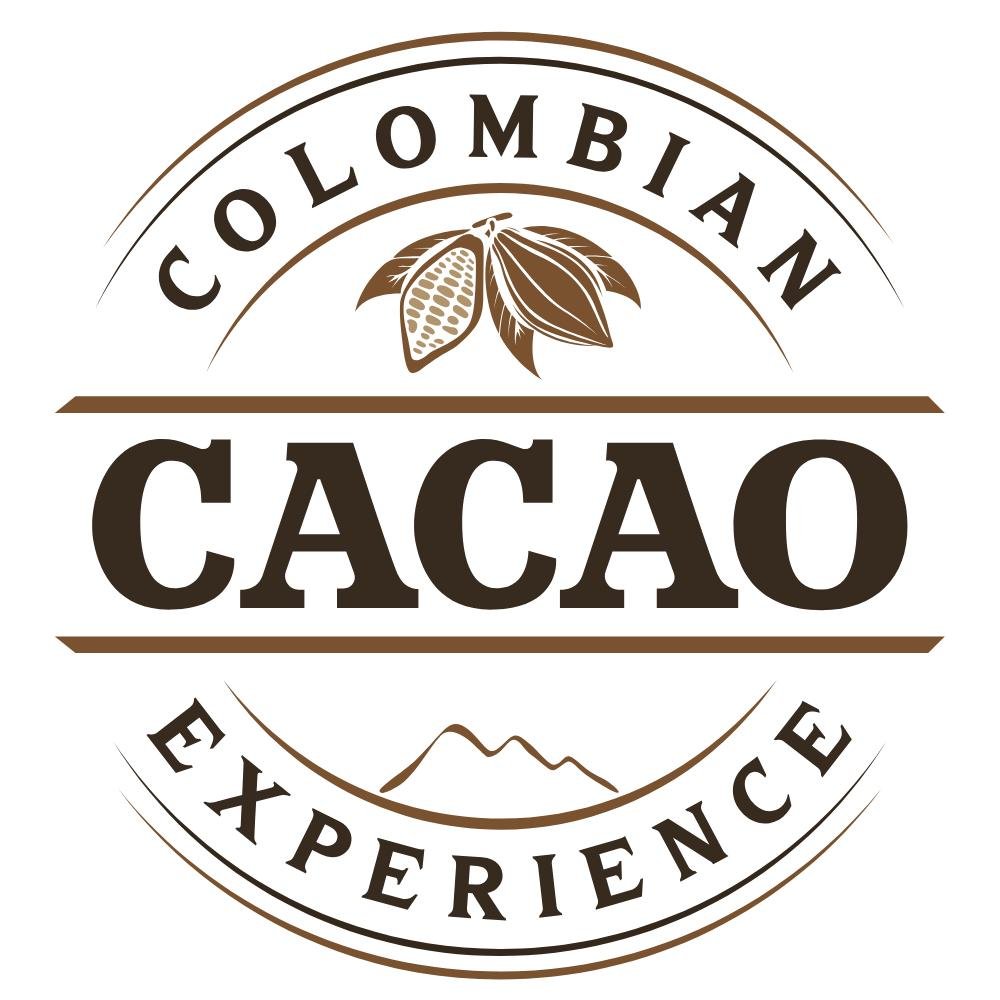Colombian Cacao Experience logo featuring a cocoa pod illustration and mountain silhouette.